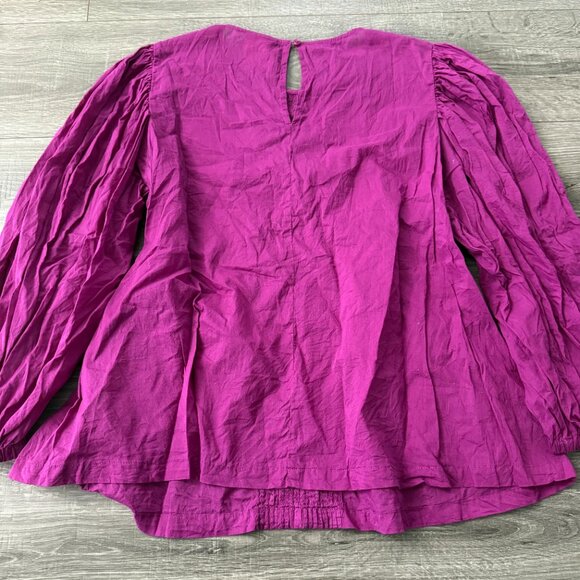 Farm Rio Anthropologie Kelsie Purple Cotton Lace Puff Sleeve Top Sz Large Blouse - Picture 7 of 10